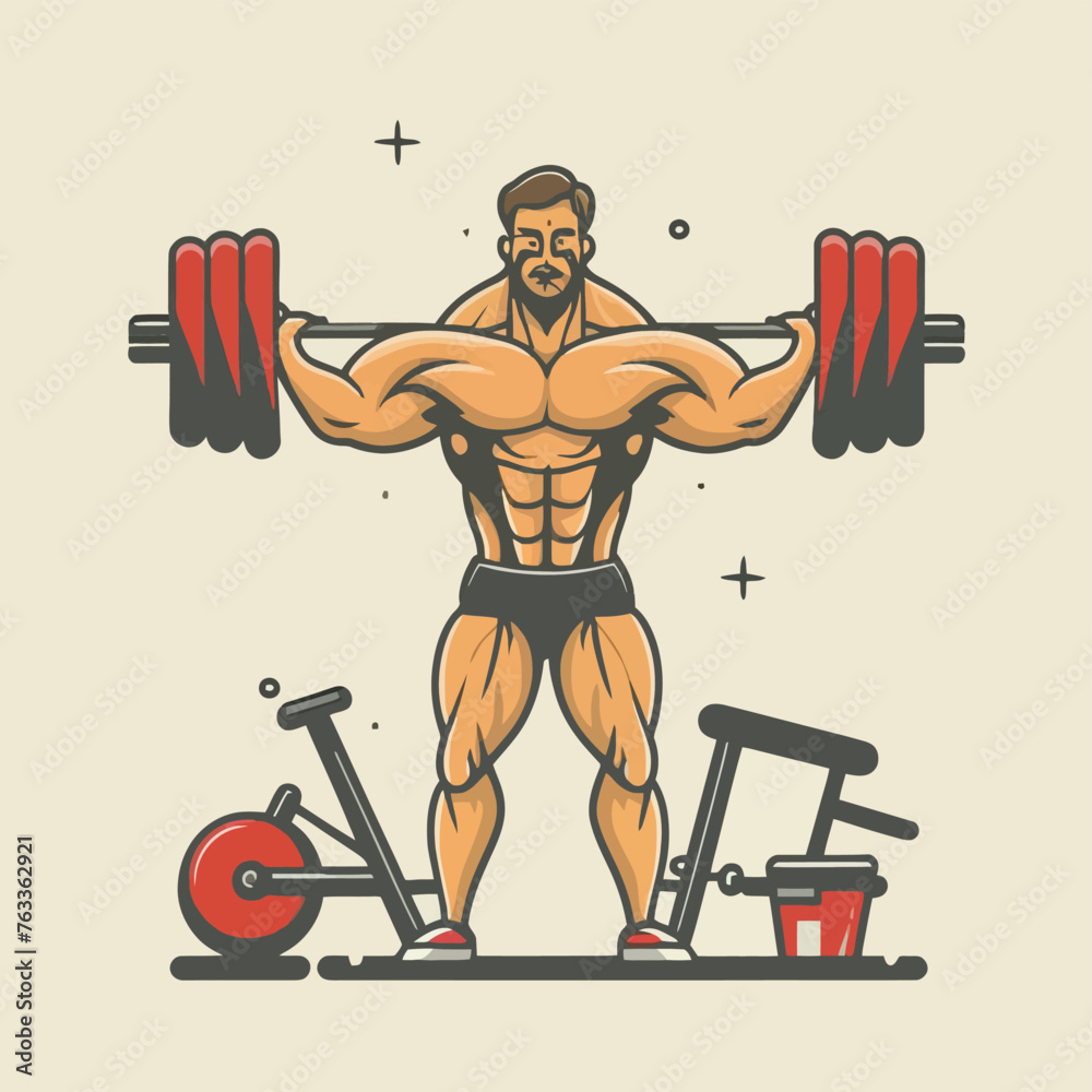 red white black modern style minimalist lines of a strong muscle pose strong body builder anatomy man at gym with bundle Doing exercises in all body positions using different gym equipment red white black modern style minimalist lines of a strong muscle pose strong body builder anatomy man at gym with bundle Doing exercises in all body positions using different gym equipment