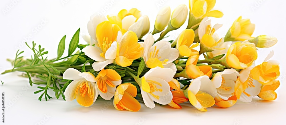 Bouquet of yellow and white flowers on white surface Bouquet of yellow and white flowers on white surface