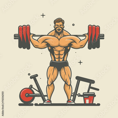 red white black modern style minimalist lines of a strong muscle pose strong body builder anatomy man at gym with bundle Doing exercises in all body positions using different gym equipment