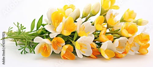 Bouquet of yellow and white flowers on white surface