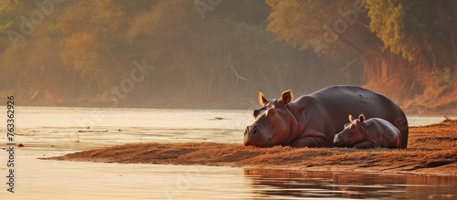 Two hippos resting by the r...