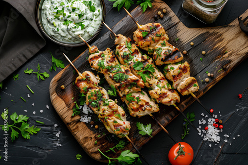 Top View Grilled Chicken Skewers Meal. Top view of grilled chicken skewers with herbs and creamy sauce on a dark background, ideal for culinary themes.