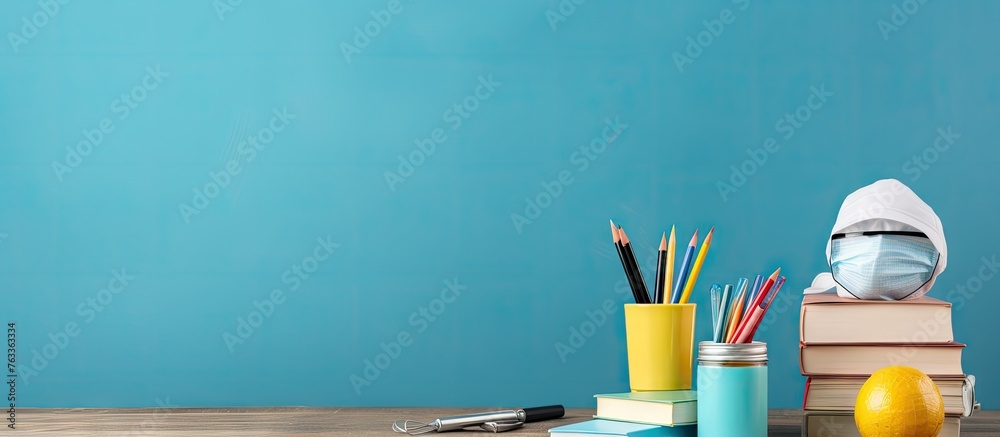 A school desk displaying books, pencils, and a mask - obrazy, fototapety, plakaty 