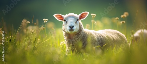 A sheep grazing in a lush g...