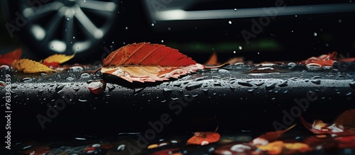 An autumn leaf on a car hoo...