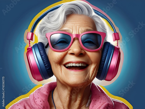 happy face of old woman 90s with pink trendy sunglasses and headphone hearing music. pink flat background - Generative AI