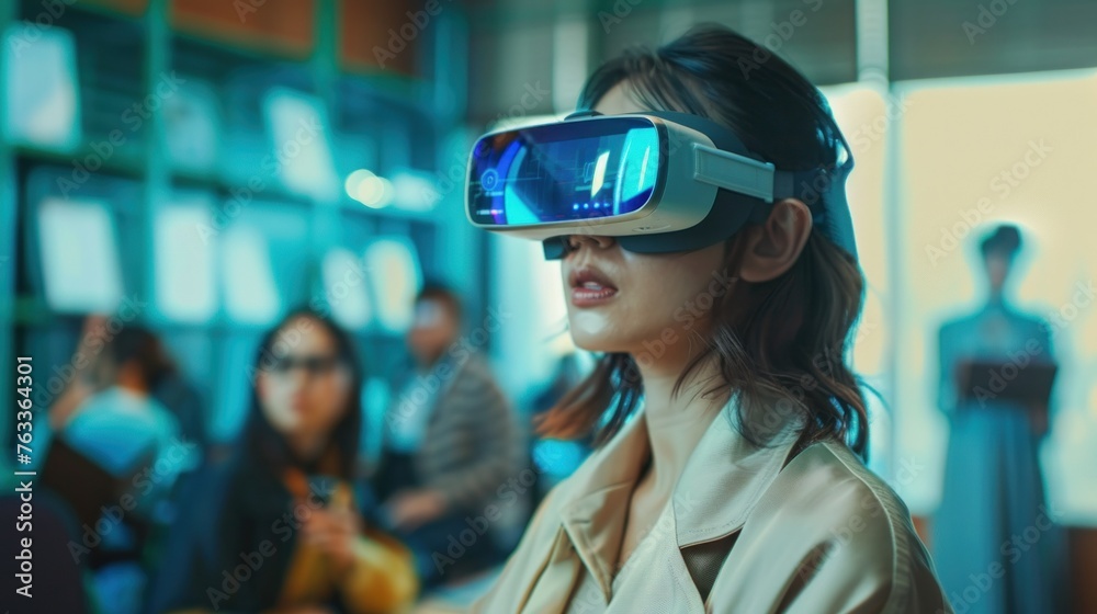 An image capturing a stylish woman using a virtual reality headset amongst blurred figures in a contemporary, colorful environment An image capturing a stylish woman using a virtual reality headset amongst blurred figures in a contemporary, colorful environment