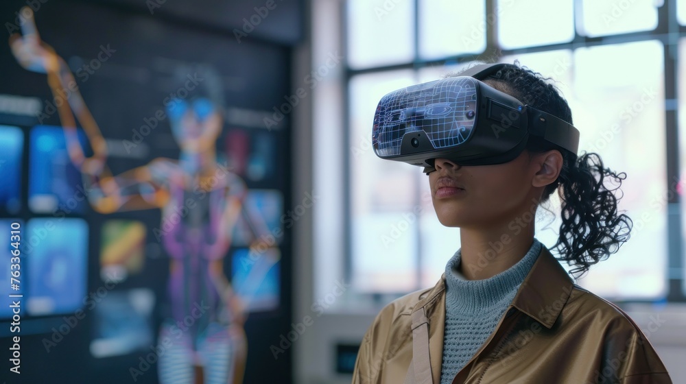 A data analyst examines complex data using virtual reality gear in a modern office environment with holographic projections A data analyst examines complex data using virtual reality gear in a modern office environment with holographic projections