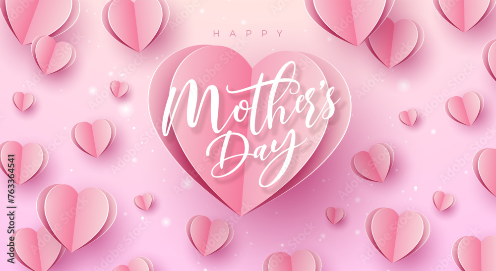 Happy Mother's Day Banner or Postcard with Paper Hearts and Typography Letter on Pink Background. Vector Mom Celebration Design with Symbol of Love for Greeting Card, Flyer, Invitation, Brochure, Post