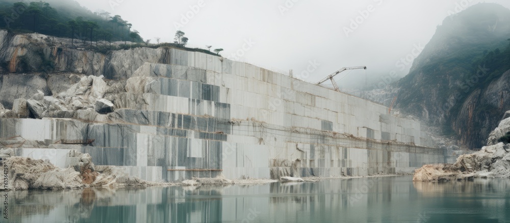 Large mountain-side building and Italian marble quarry on a cloudy day