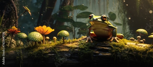 A frog perched on a lush mo...