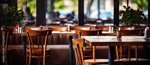 Chairs and tables in a restaurant overlooking a city street