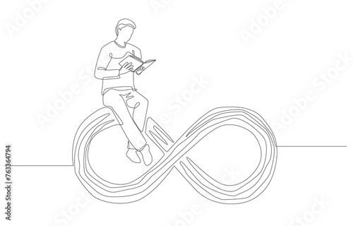 Continuous one line drawing of man sitting on infinity sign reading book, lifelong learning, education concept, single line art.