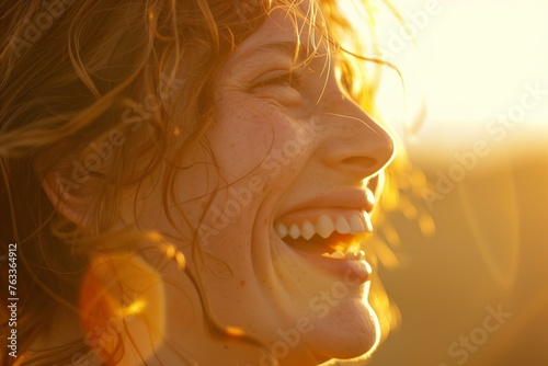woman's laughter, summer joy, candid and infectious, warm sunlight enhancing facial expressions
