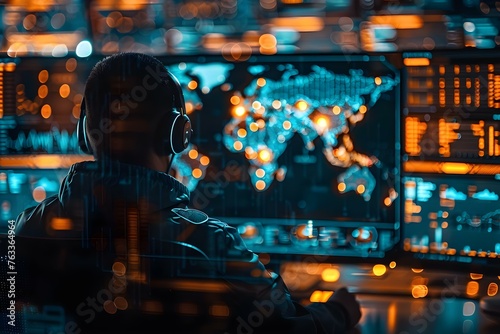Monitoring cybersecurity threats in a dark hightech security operations center in rea. Concept Cybersecurity Threats, Security Operations Center, Dark Environment, High Tech, Monitoring photo