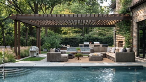 Backyard living space with outdoor furniture next to pool under a pergola,  sunny day in summer © Media Srock