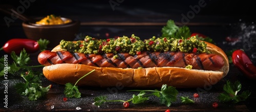Hot dog with assorted toppings and peppers photo