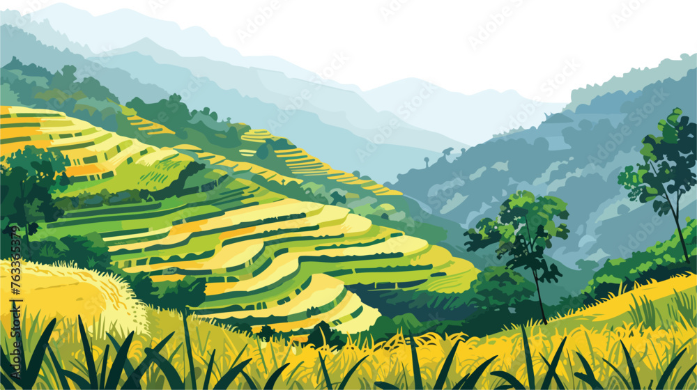 Golden terraced rice or paddy fields in Nepal Himalay
