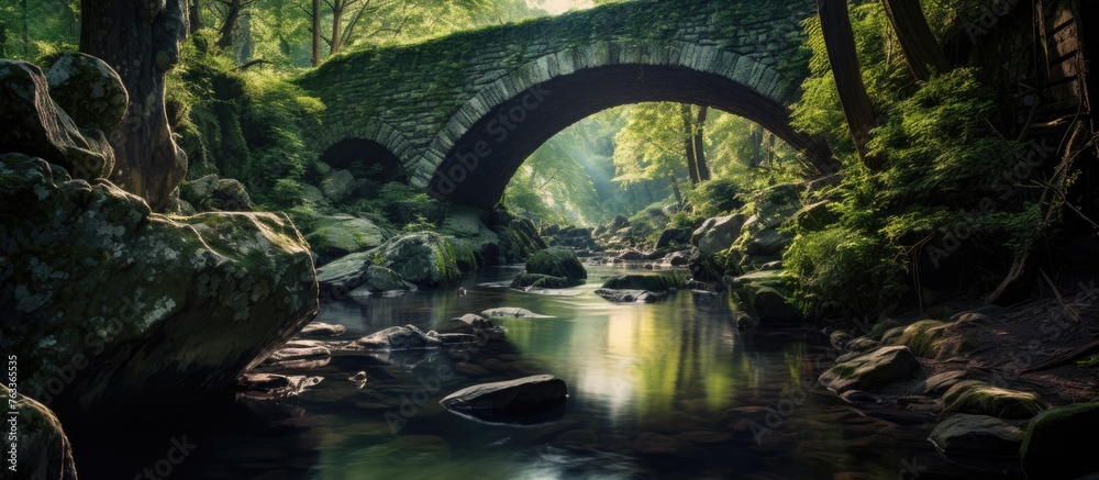 Stone bridge crossing stream in forest