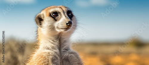 A meerkat observing the surroundings in a vast grassy field photo