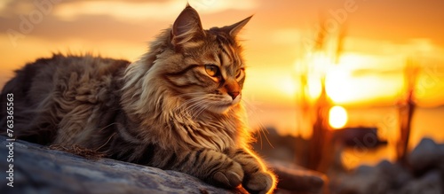 A wild cat perched on a sto...