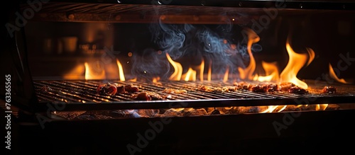 Flames and smoke rising from a grill with glowing coals