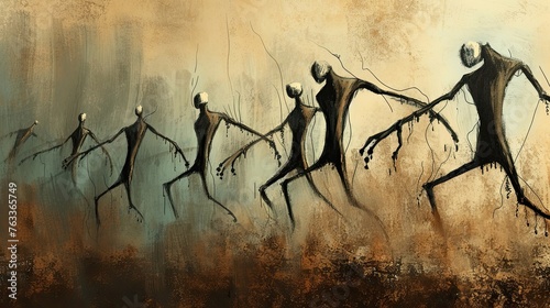 Abstract illustration of distorted human figures with elongated limbs, mutation, lack of face, deformed body, humanoid entities, aliens, extraterrestrials sloppy lines. Generative by AI photo