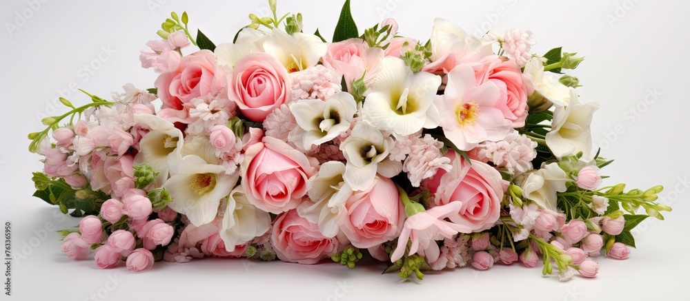 Pink wedding flowers on a white table