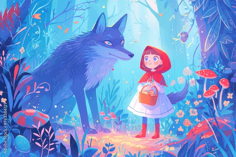 Fototapeta premium Little Red Riding Hood and the Wolf in an enchanted forest, children's book illustration 