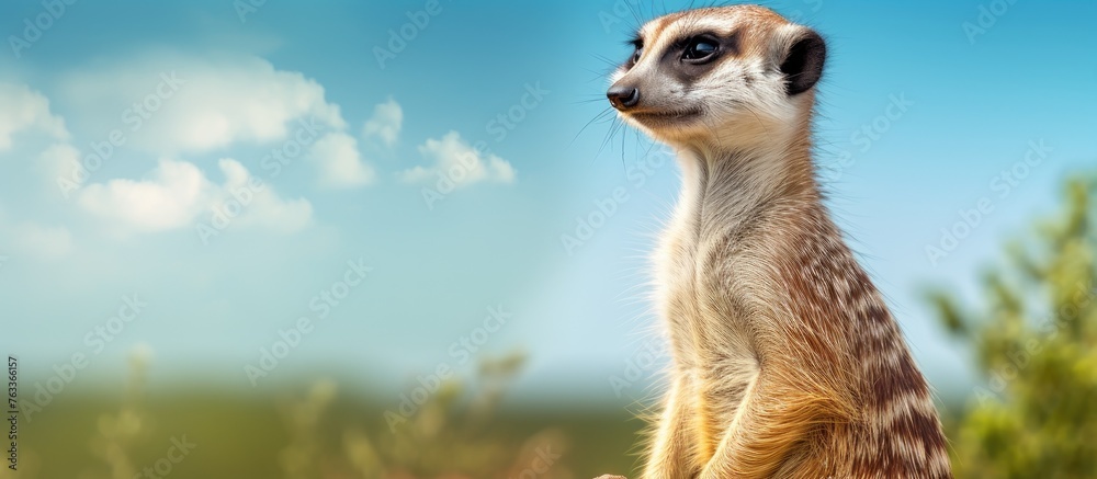 A meerkat perched on a rock gazes into the distance - obrazy, fototapety, plakaty 