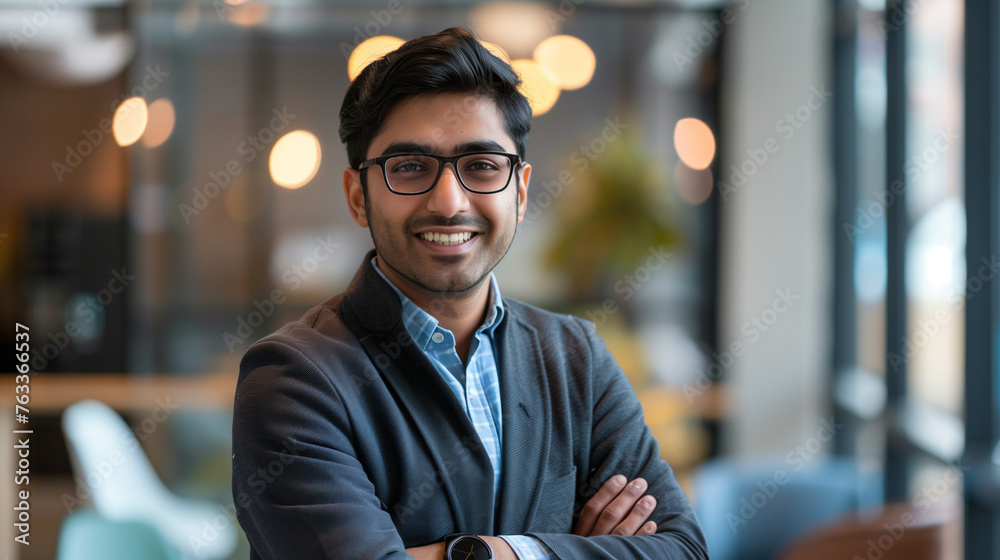 Confident indian businessman smiling in modern office setting ...