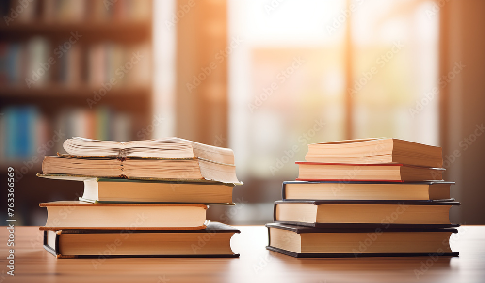 Stacks of books on a table in a library with blurred bookshelves in the background Stacks of books on a table in a library with blurred bookshelves in the background