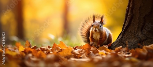 A squirrel perched on a mound of autumn leaves photo