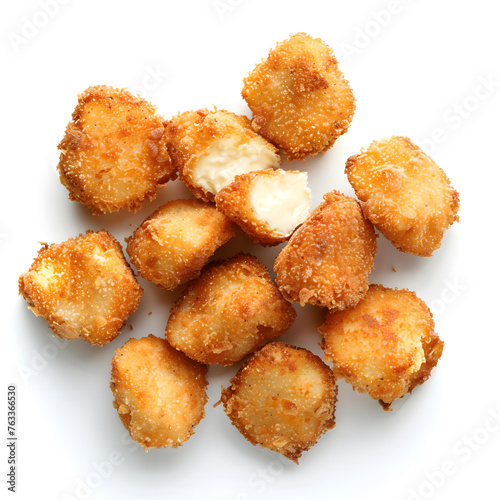 Fried breaded camembert nuggets isolated on white, top view