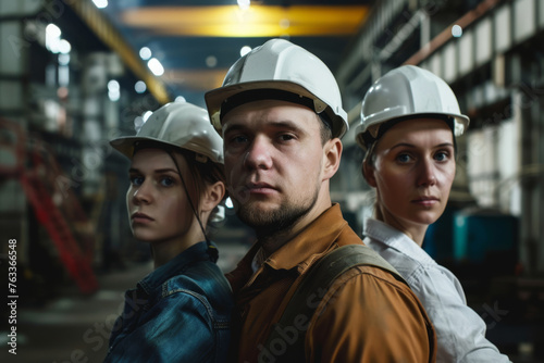 Two women and a man, all wearing white helmets and uniforms, look at the factory floor, suggesting their engagement and focus on their tasks in the industrial setting.