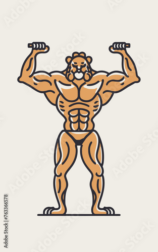 red white black modern style minimalist lines of a strong muscle pose strong body builder anatomy man at gym with bundle Doing exercises in all body positions using different gym equipment