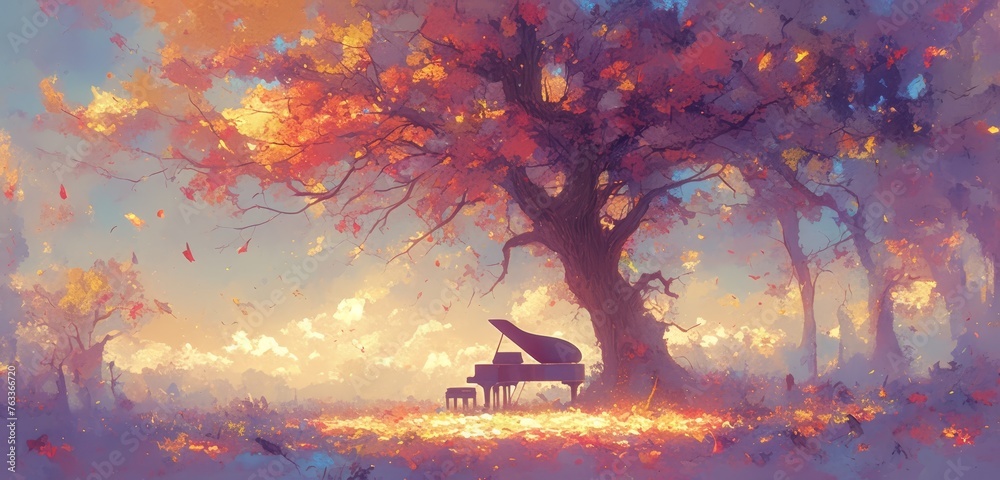 oil painting of trees with colorful leaves and a piano in the background