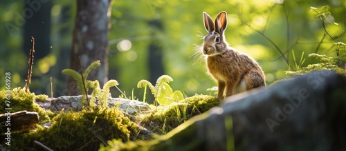 A rabbit perched on a mossy...