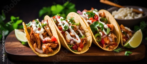 Three chicken tacos on a wo...