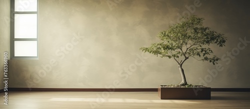 A plant in wooden pot indoors and a solitary tree in a room