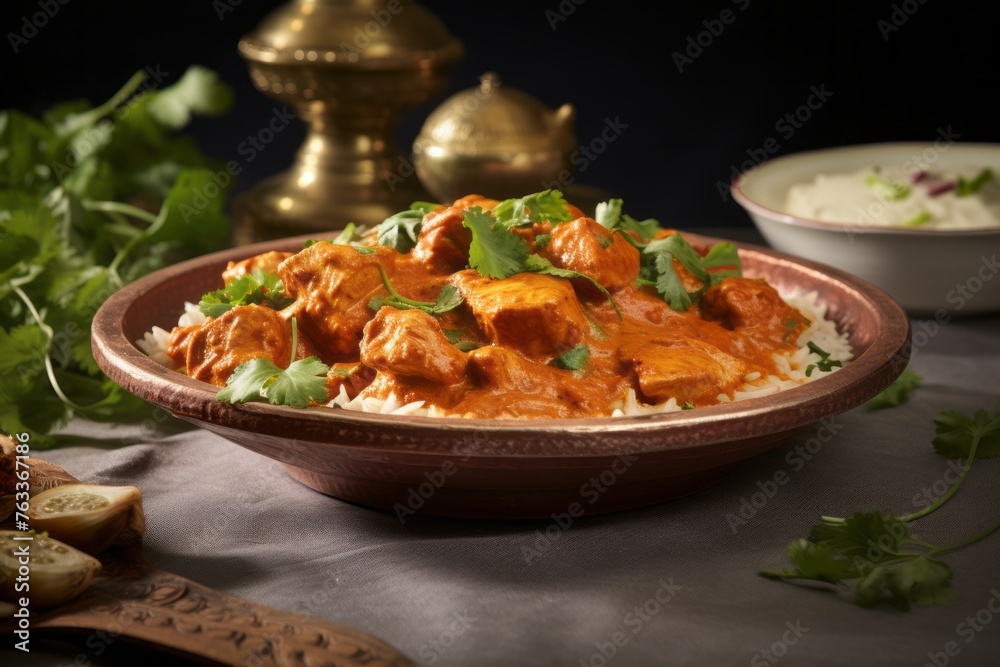 Delicious chicken tikka masala on a marble slab against a patterned gift wrap paper background