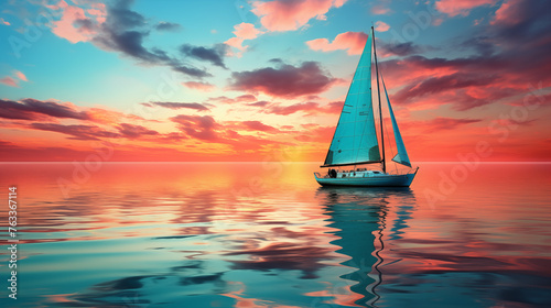 Sailboat in Radiant Sunset Glow on Calm Sea