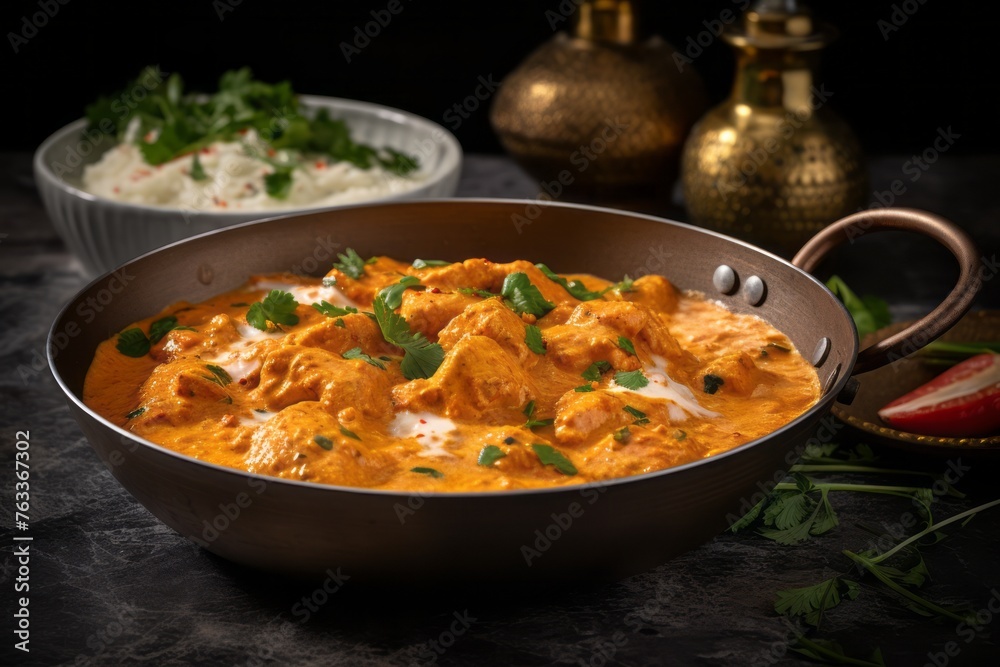 Delicious chicken tikka masala on a marble slab against a patterned gift wrap paper background Delicious chicken tikka masala on a marble slab against a patterned gift wrap paper background
