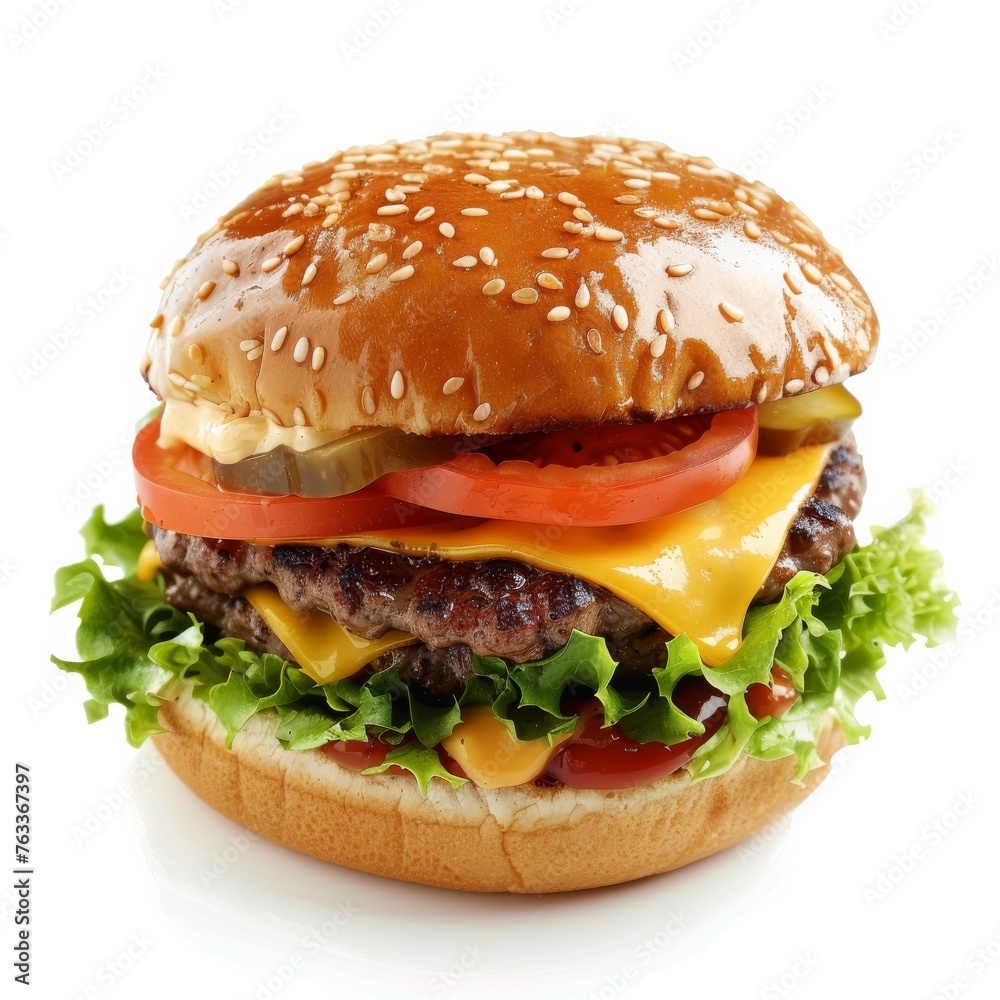 A hamburger, a staple food in fast food cuisine, consisting of a bun with cheese, lettuce, tomatoes, and onions, served on white background