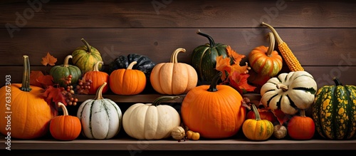 Various pumpkins and gourds displayed on a wooden shelf