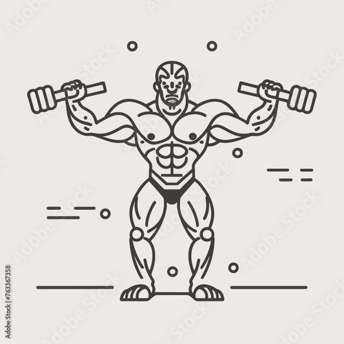 red white black modern style minimalist lines of a strong muscle pose strong body builder anatomy man at gym with bundle Doing exercises in all body positions using different gym equipment