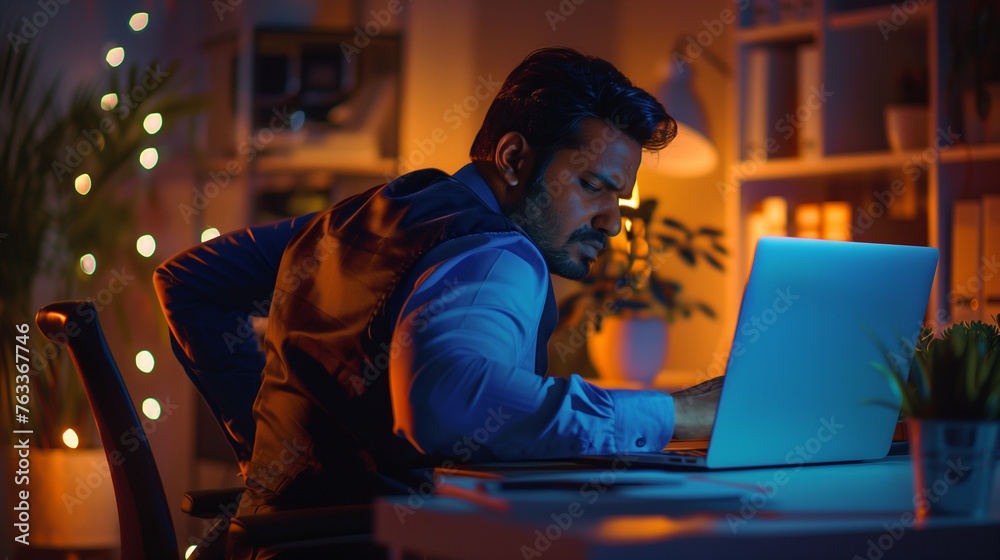
Exhausted indian businessman with back pain working late on laptop at office desk