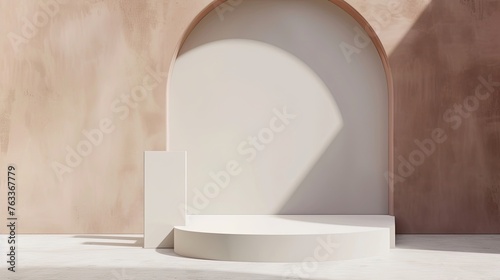 Abstract image of an minimalistic backdrop with one centered graphic element. Composition of steps, arch, passage, rectangular stand. Shabby wall on the background, beige tones. Generative by AI © Татьяна Лобачова