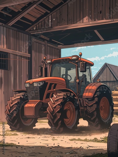 In the barns embrace a hi-tech tractor hums to life