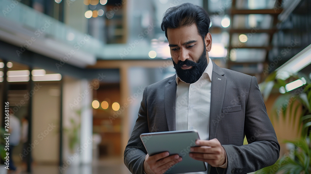 Focused indian businessman with beard using tablet in modern office space Focused indian businessman with beard using tablet in modern office space